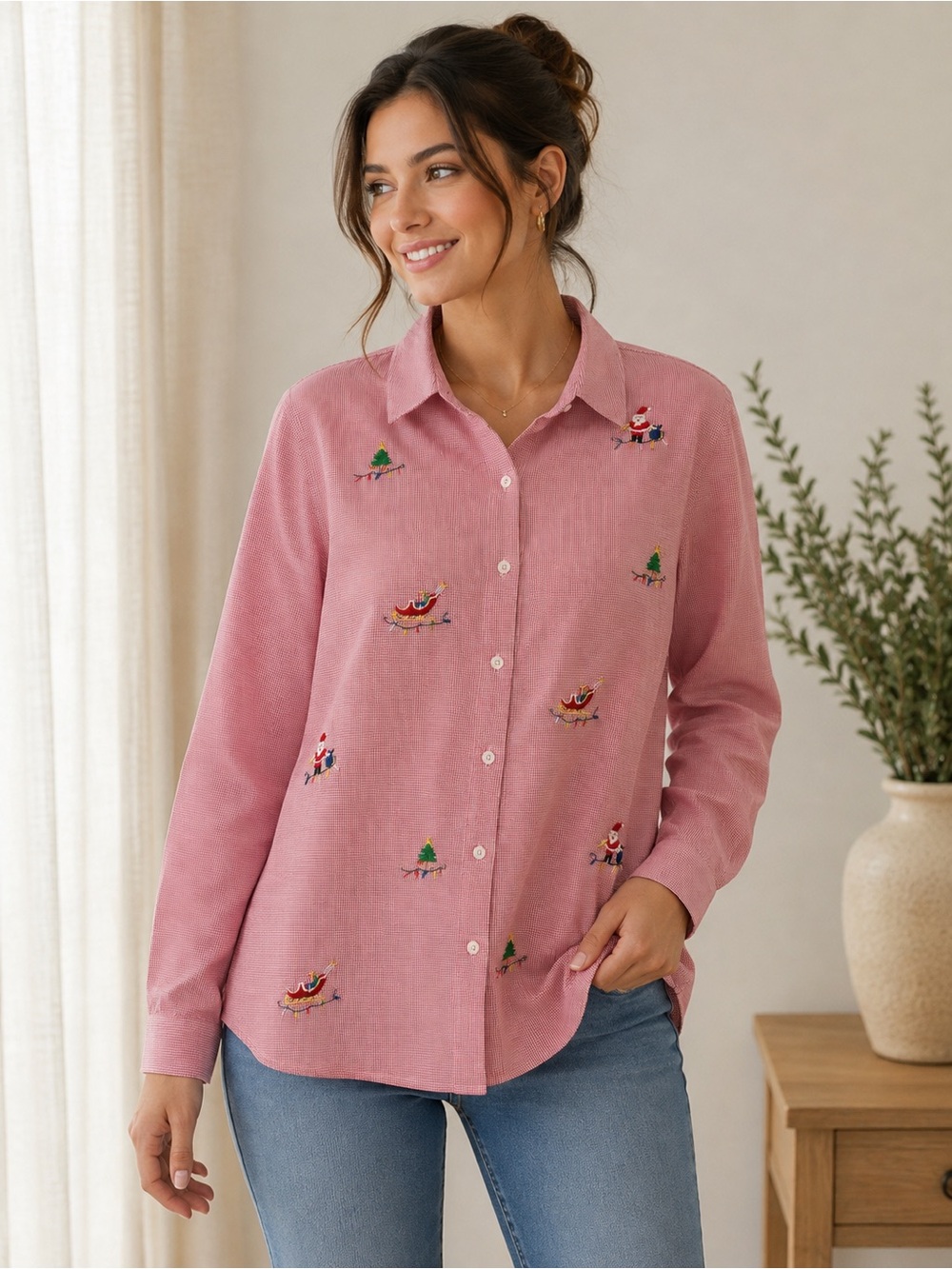 Quacker Factory 100% cotton gingham Embroidered Button-Down Shirt L